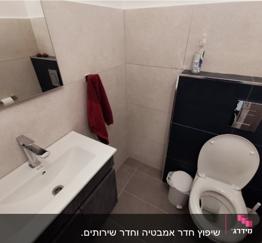 חדר אמבטיה עם כיור, ברז, אסלה ומראה